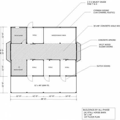 36x48 Option 2 4 Stall 1st Floor Plan with 1 12x48 lean-to